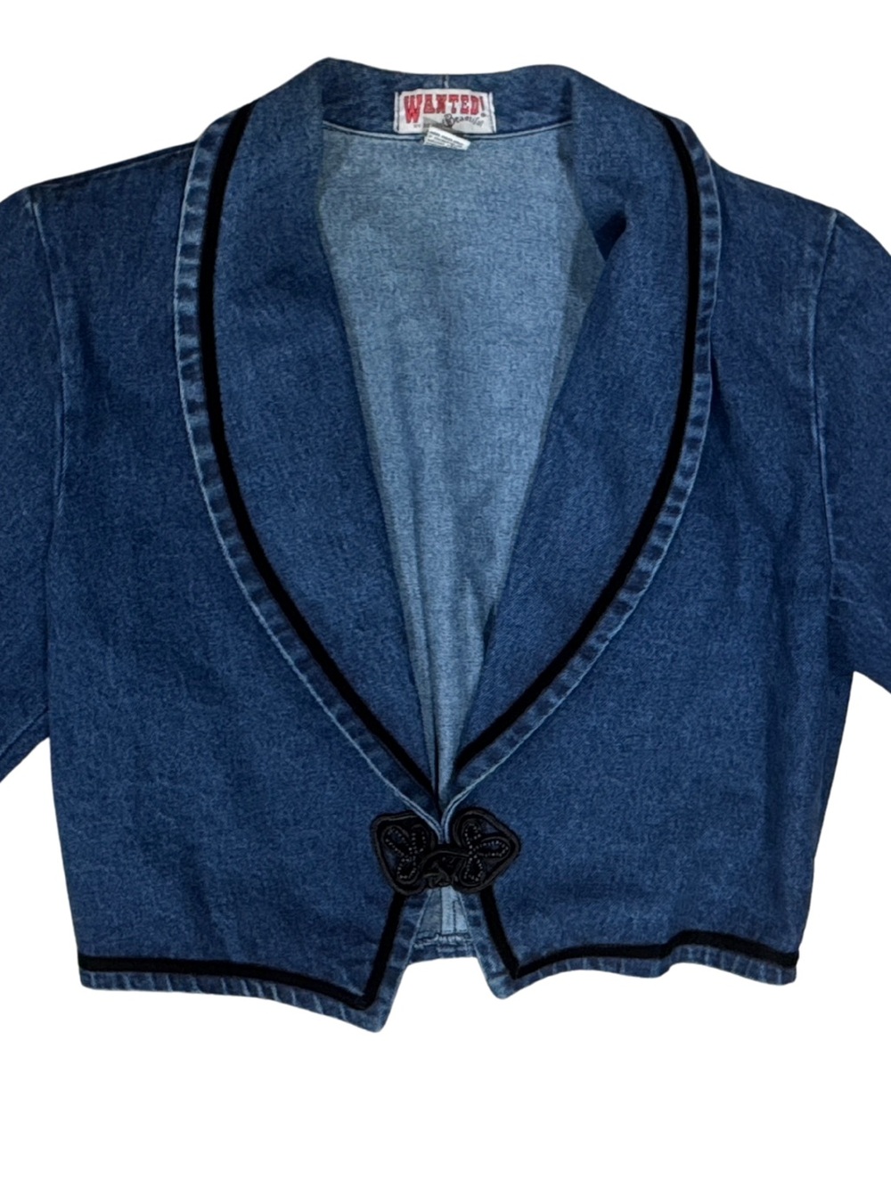 Vintage Wanted Denim Cropped Jacket with Black Velvet Trim Made in USA